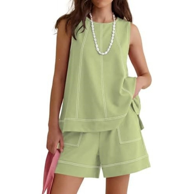 Cross-border Women's Two-piece Set For Summer, Featuring A Round-neck Sleeveless Tank Top And Drawstring Elastic Waist_ecoleips.com