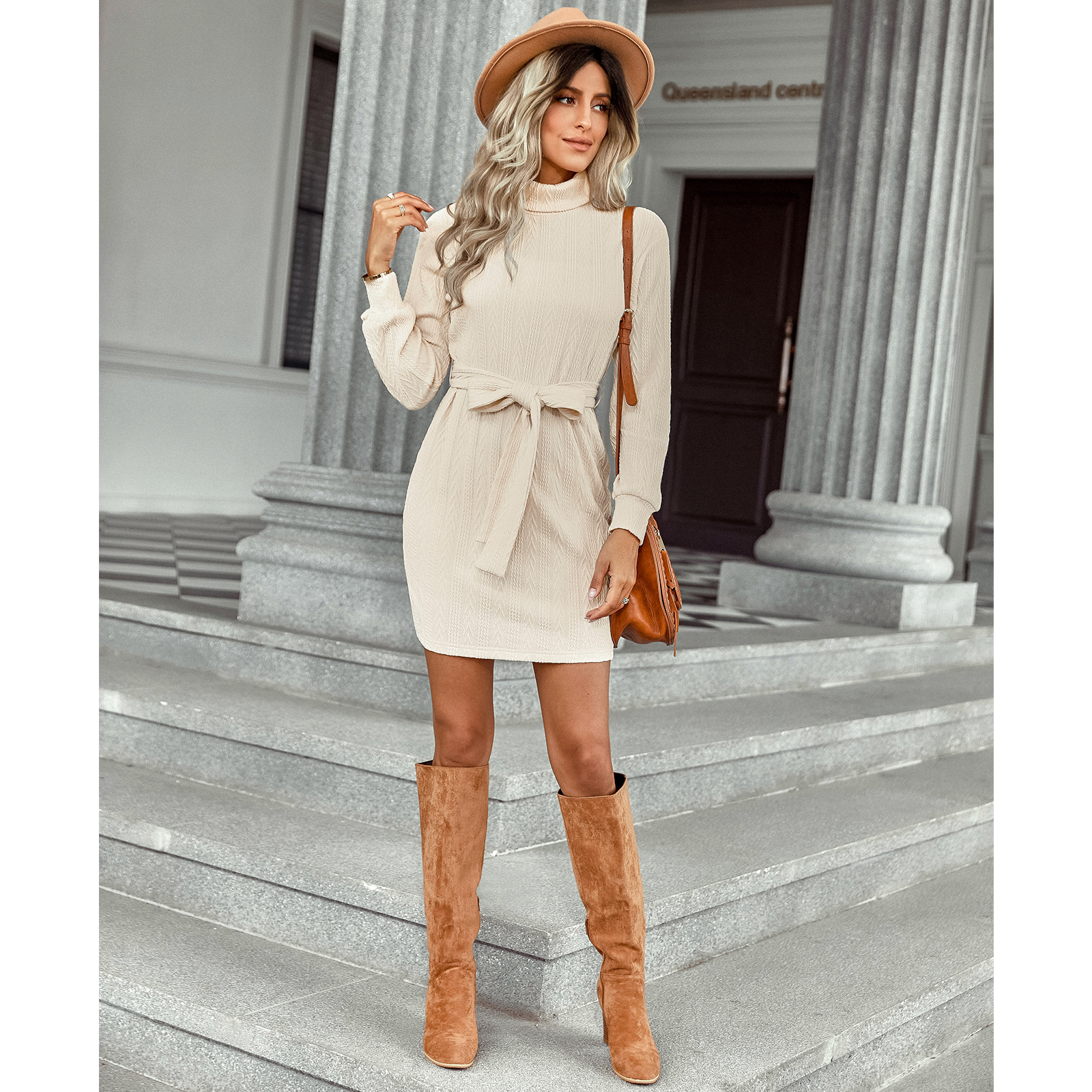 Women's Pencil Skirt Fashion Turtleneck Embroidery Long Sleeve Plaid Knee-length Daily display picture 3