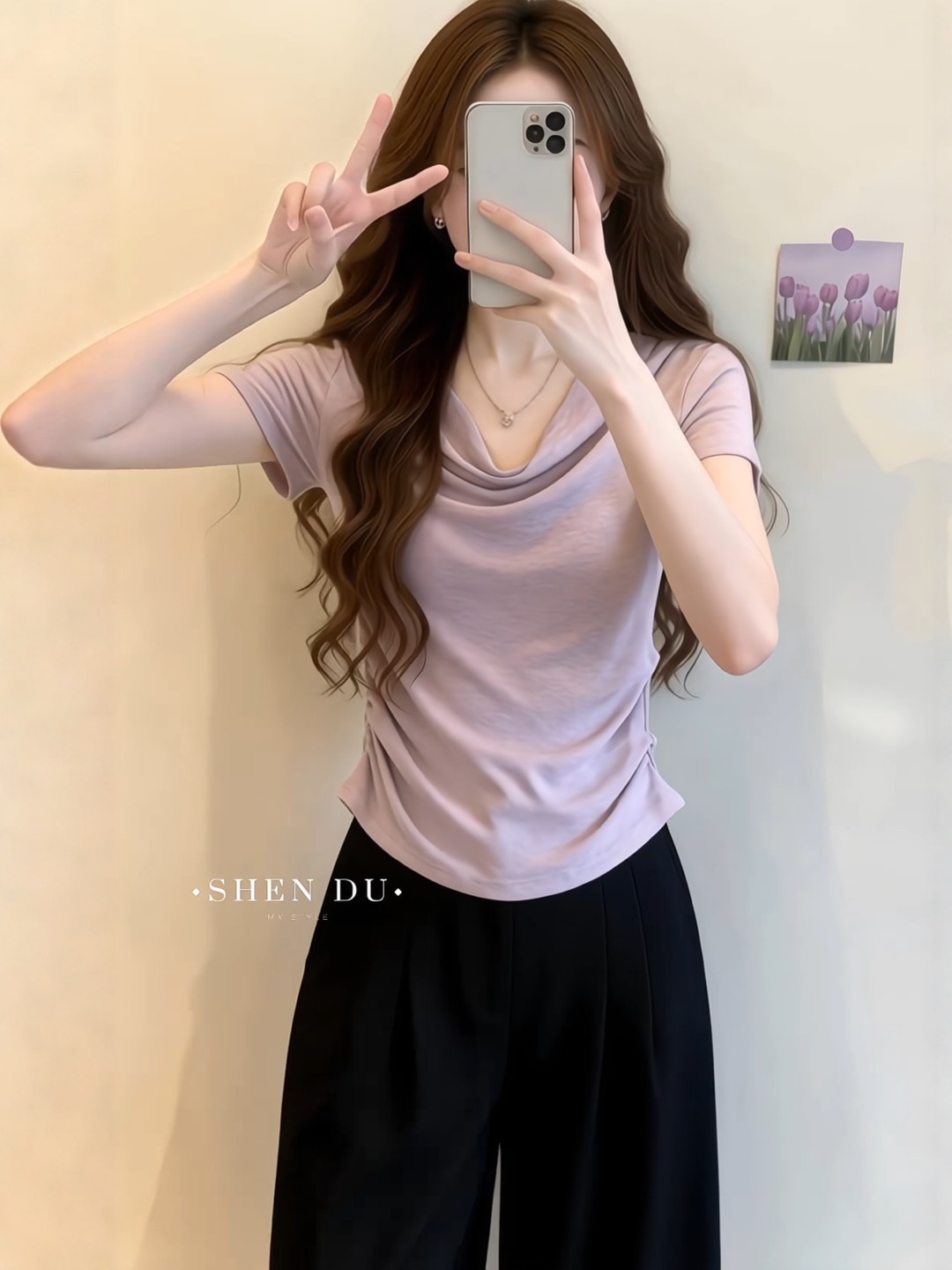 Áo thun tay ngắn cổ tròn màu tím phối nếp gấp eo che bụng cho nữ — Màu ảnh