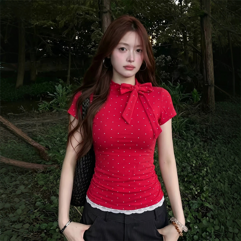 Red Polka Dot Bow Tie Short-Sleeve T-Shirt for Women, Summer Lace Patchwork Fake Two-Piece Spicy Pure Desire Style Top