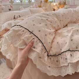 2026新款全棉A类双层纱韩系花边四件套INS少女风纯棉刺绣被套床品