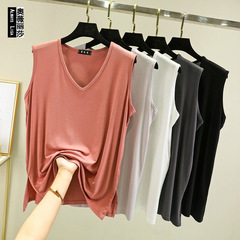 V領寬鬆莫代爾背心女夏季比特棉無袖內搭打底衫側開叉外穿上衣