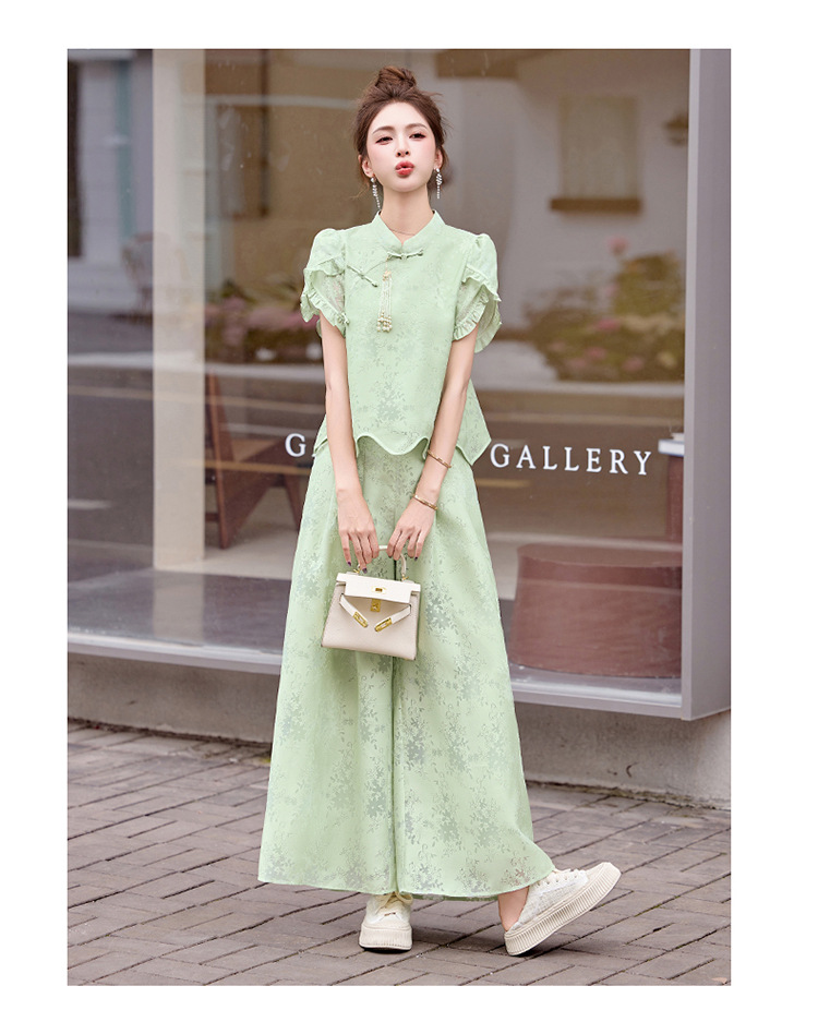 Bộ váy hai mảnh tay ngắn phong cách Trung Hoa cổ điển họa tiết jacquard mùa hè 2025 — Màu vàng be, Màu xanh lá chi tiết 12