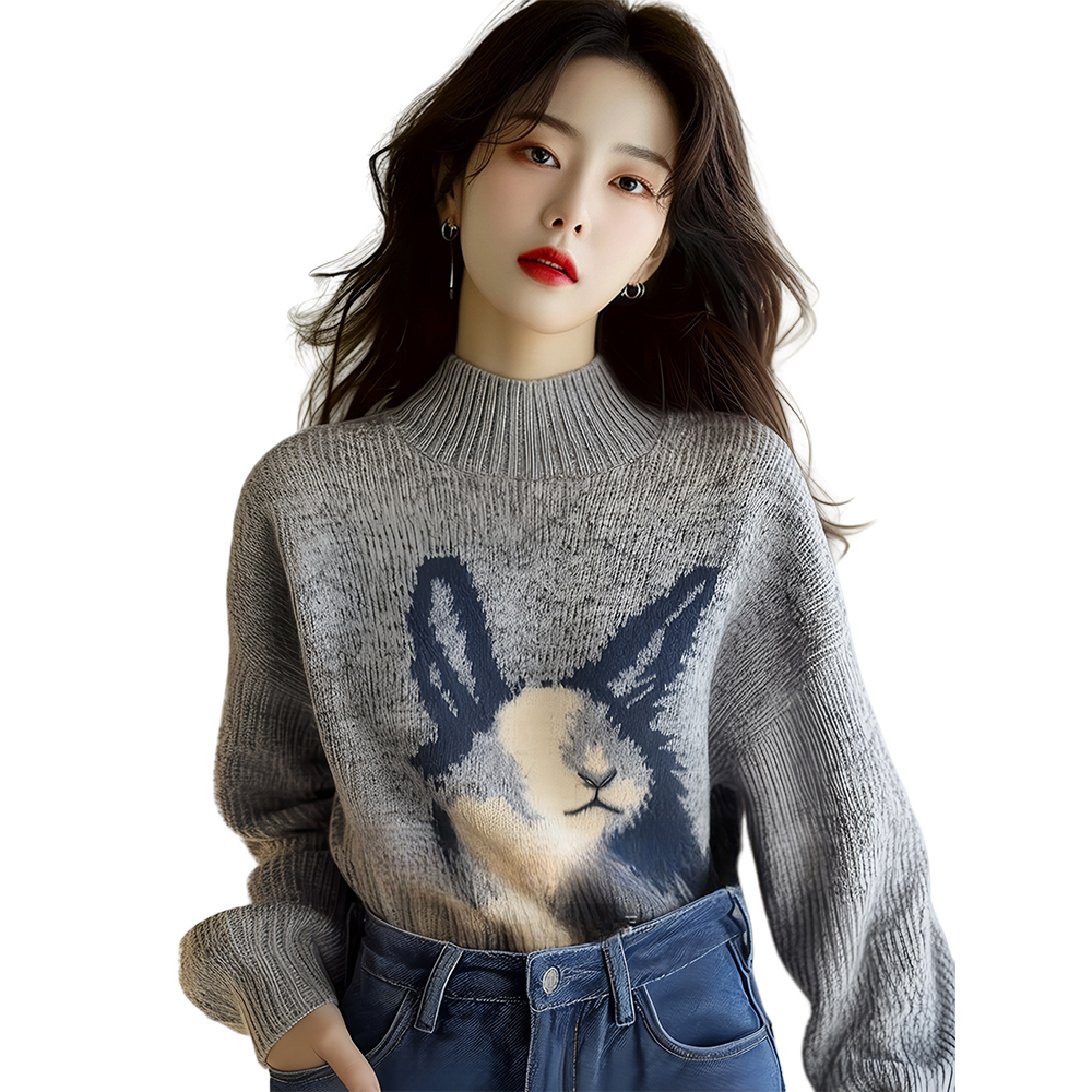 회색 스탠드 칼라 토끼 프린트 스웨터 부드러운 왁스 스웨터 여성의 2024 가을과 겨울 새로운 한국식 분위기 탑