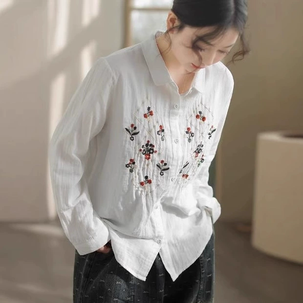 White long-sleeve for leisure, cardigan, shirt, oversize, with embroidery