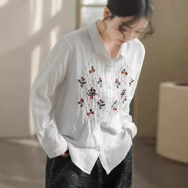 White long-sleeve for leisure, cardigan, shirt, oversize, with embroidery