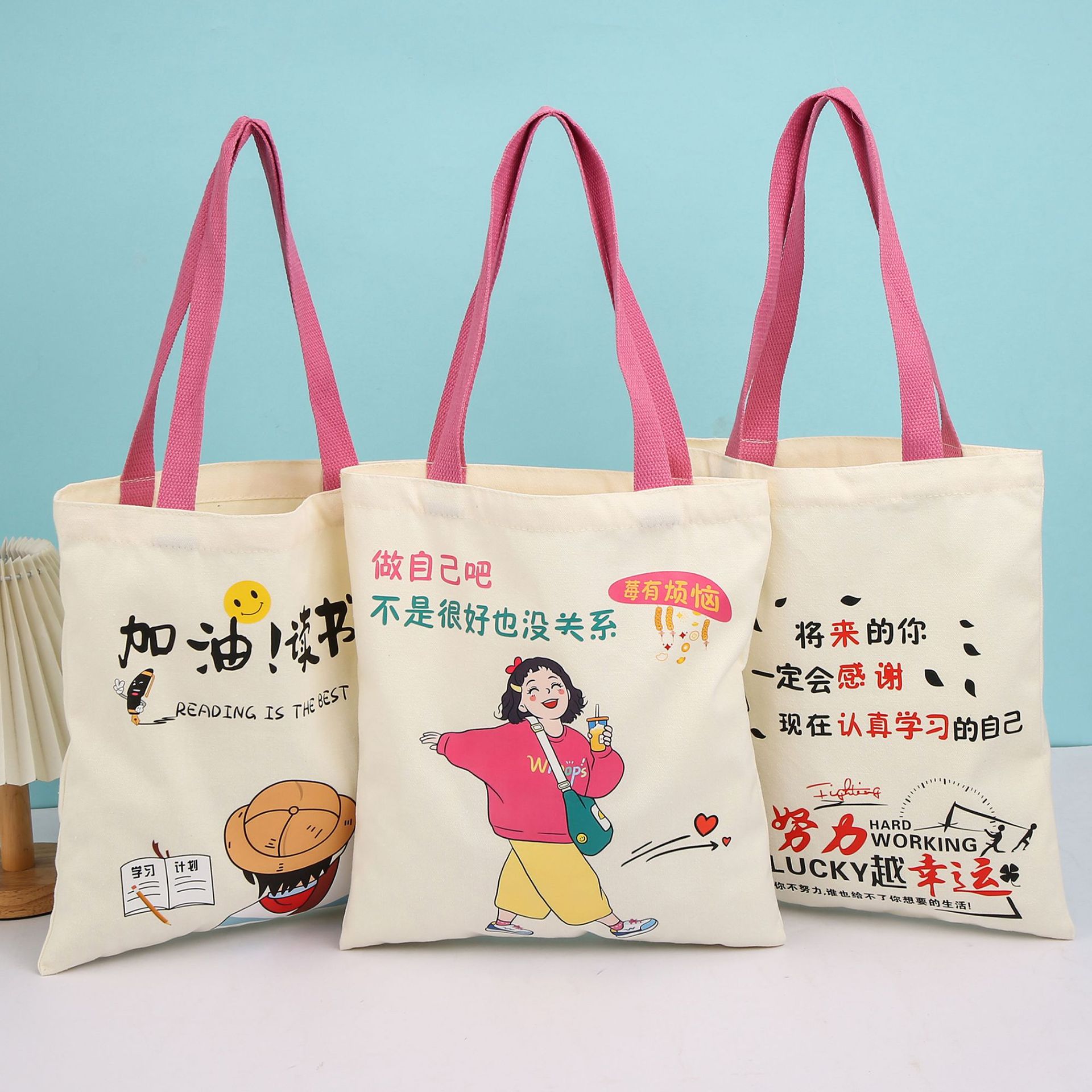 2024新款ins女学生励志文艺补习班卡通可爱单肩手提帆布包棉布袋