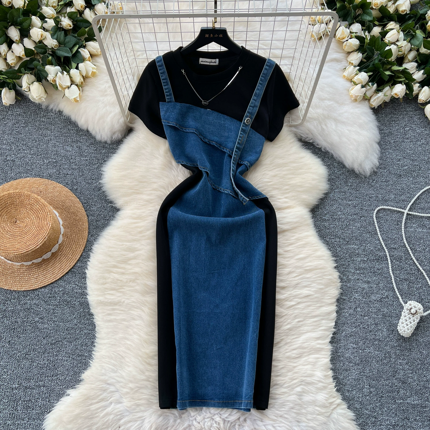 Корейский chic ретро премиум-класса с короткими рукавами, сшитые поддельные два платья, женская талия, тонкая средняя длинная джинсовая юбка