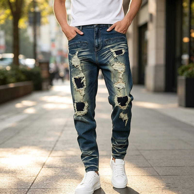 Cross-border TEMU Amazon European and American men's jeans trendy high street ripped slim fit straight leg jeans Cross-border TEMU Amazon European and American men's jeans trendy high street ripped slim fit straight leg jeans