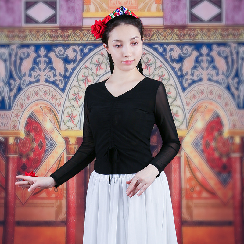 Mesh Shirt for Women Adult Long-Sleeved Slim Art Exam Top Bottoming Shirt Latin Dance Xinjiang Dance Clothing Ethnic