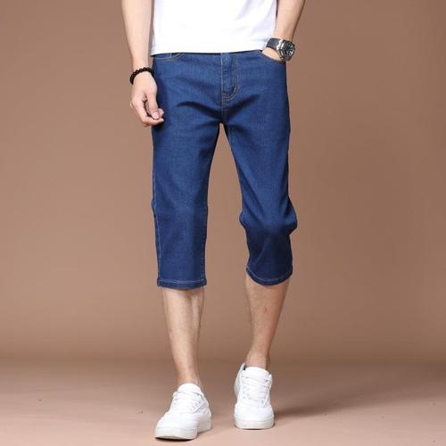 Summer thin denim shorts men's mid-length pants loose-fitting slim-fit cropped casual equestrian pants stretchy slim five-inch pants