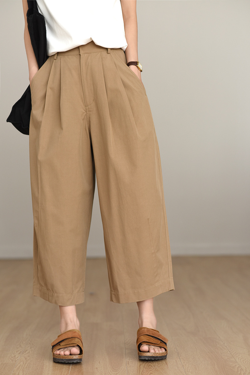Quần ống rộng nữ cao eo dáng suông chất kaki mỏng nhẹ mùa hè — Kaki chi tiết 3