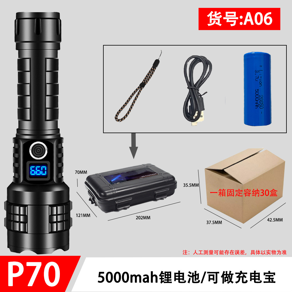 Linterna de pantalla digital P70 súper brillante con carga explosiva transfronteriza, linterna láser blanca con zoom de aleación de aluminio de larga distancia al aire libre