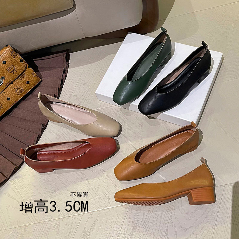 真皮3.5cm粗跟中跟单鞋女春秋新款法式方头职业工作不磨脚奶奶鞋|undefined
