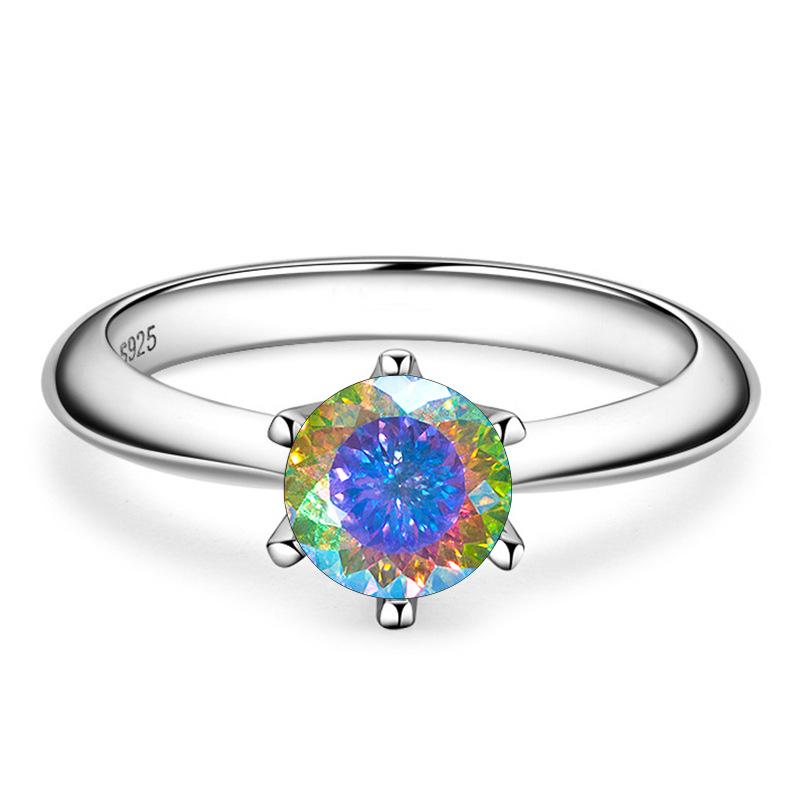 1 quilate color D mujer delicado anillo de boda de color S925 plata esterlina fuego explosivo de color
