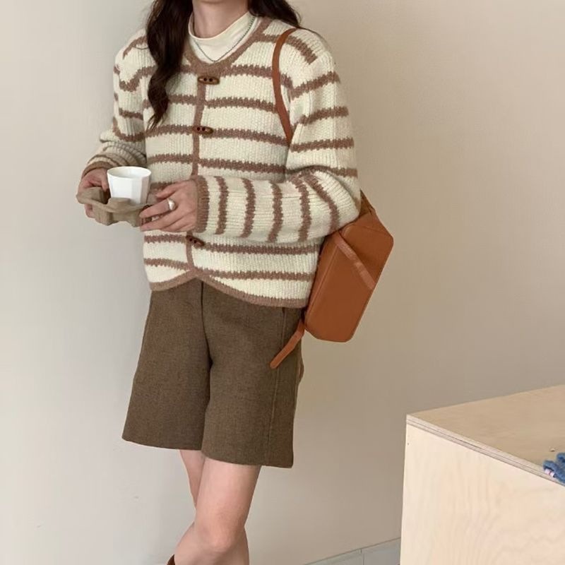 圆领条纹毛衣女2025秋冬新款韩系开衫外穿长袖针织衫宽松百搭上衣|undefined