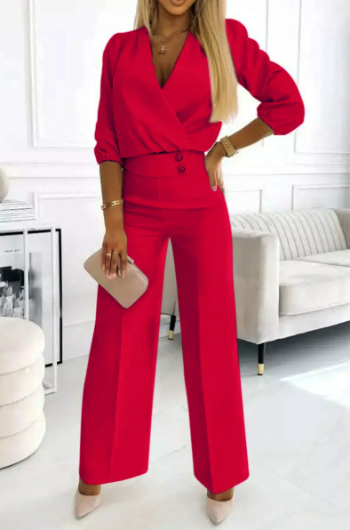 Women's Solid Color V-Neck Two-Button Casual 2-Piece Pant Set Regular Thickness For Spring/Autumn And Summer_ecoleips.com