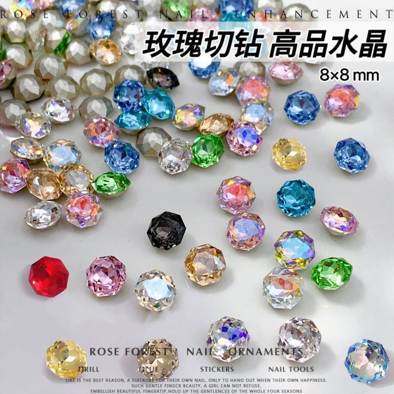 High-Quality K9 Crystal Millennium Rose Cut 8m Nail Art Diamond Jewelry Super Flash Pointed Bottom Diamond Pink Nail Earrings Jewelry Accessories