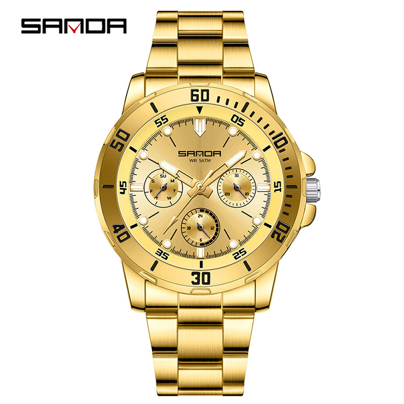 SANDA comercio exterior piel de camarón venta caliente reloj hombre de alta gama impermeable multifunción cronógrafo negocio acero con reloj de cuarzo para hombre