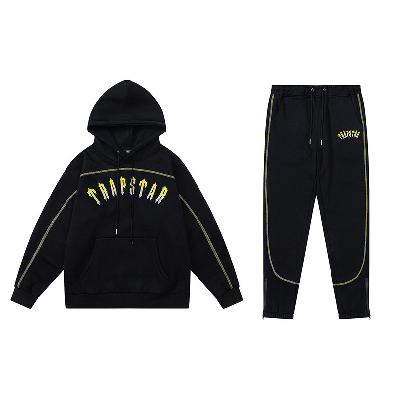 ①Trapstar Gradient Embroidered Gold Fleece Sweatshirt and Sweatpants Zip-Up Long Pants Casual Sweatpants Black Set