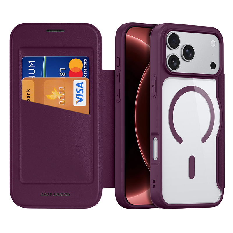 Funda de cuero para iPhone 17 con tapa abatible, compatible con MagSafe y ranuras para tarjetas, ideal para venta al por mayor de fundas para teléfonos Apple 18 Pro.