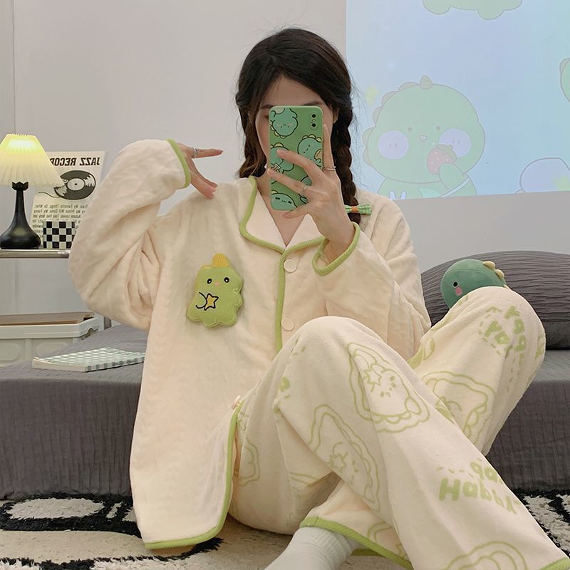 睡衣女秋冬季珊瑚绒加厚保暖韩版束口卡通可爱法兰绒家居服套装女|undefined