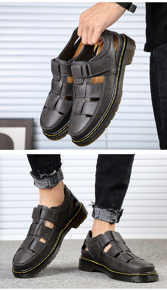 Dép sandal nam da thật bít mũi đế dày dán Velcro cỡ lớn — 202122 màu đen, 202122 đỏ nâu, Màu xám 202122 chi tiết 17