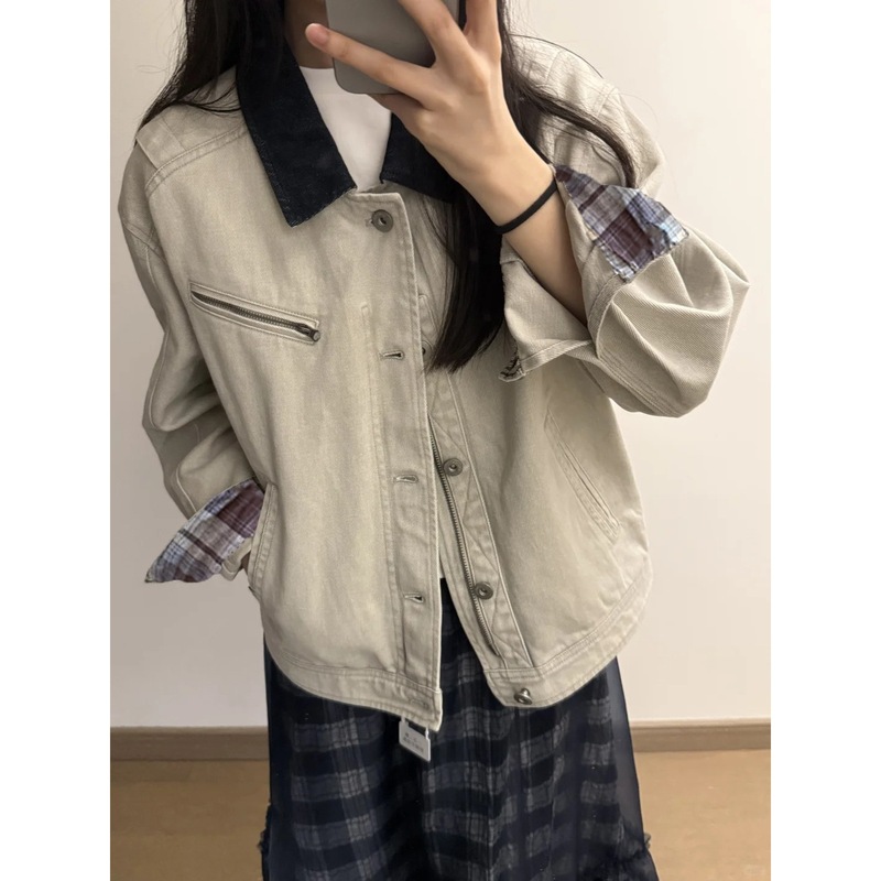美式复古水洗拼接领工装外套女2025秋季新款宽松休闲短款夹克上衣|undefined