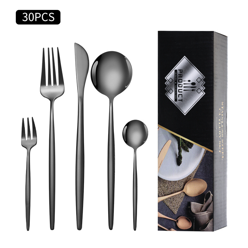 Cruz-Frontera de acero inoxidable vajilla portugués cuchillo y tenedor conjunto de 30 piezas de comida occidental cuchillo de filete de oro y cuchara de la caja de regalo