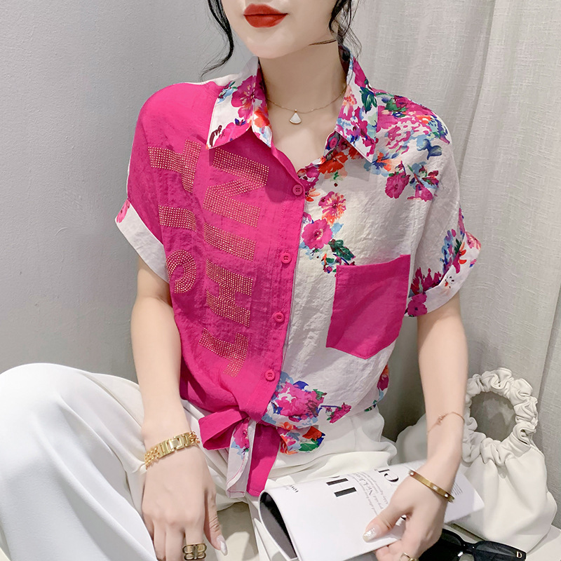 2026 Summer New Loose Printed Color-Block Letter Shirt Women's Short-Sleeve Fashion Versatile Top