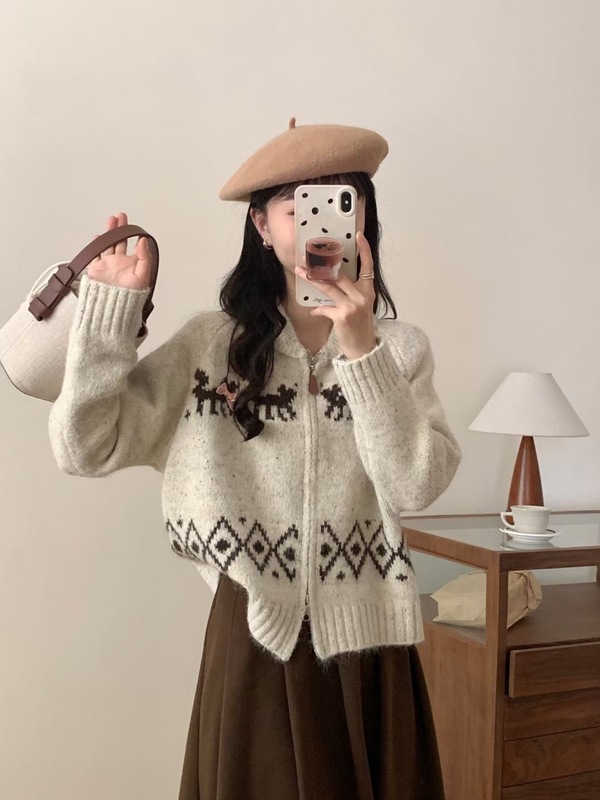 韩版费尔岛复古提花翻领毛衣女秋冬新款宽松软糯长袖针织上衣外套|undefined
