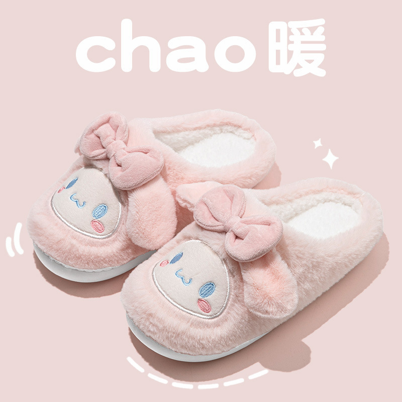 秋冬季居家棉拖鞋女生可爱蝴蝶结卡通加绒棉鞋女包头拖外穿月子鞋