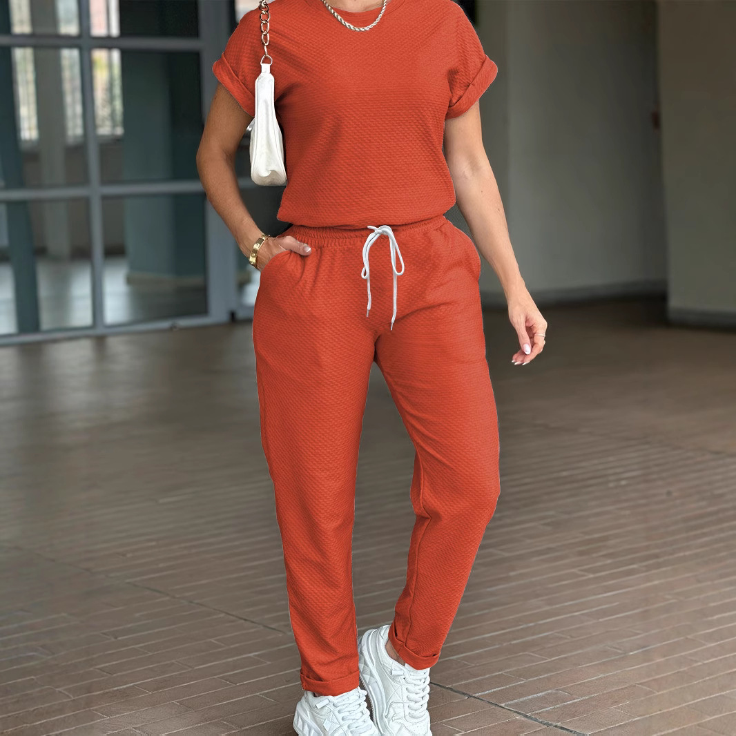 Spring Summer Women's Solid Color Sports Suit Casual Comfortable Style High Waisted Drawstring Top Versatile Short Sleeve_ecoleips.com