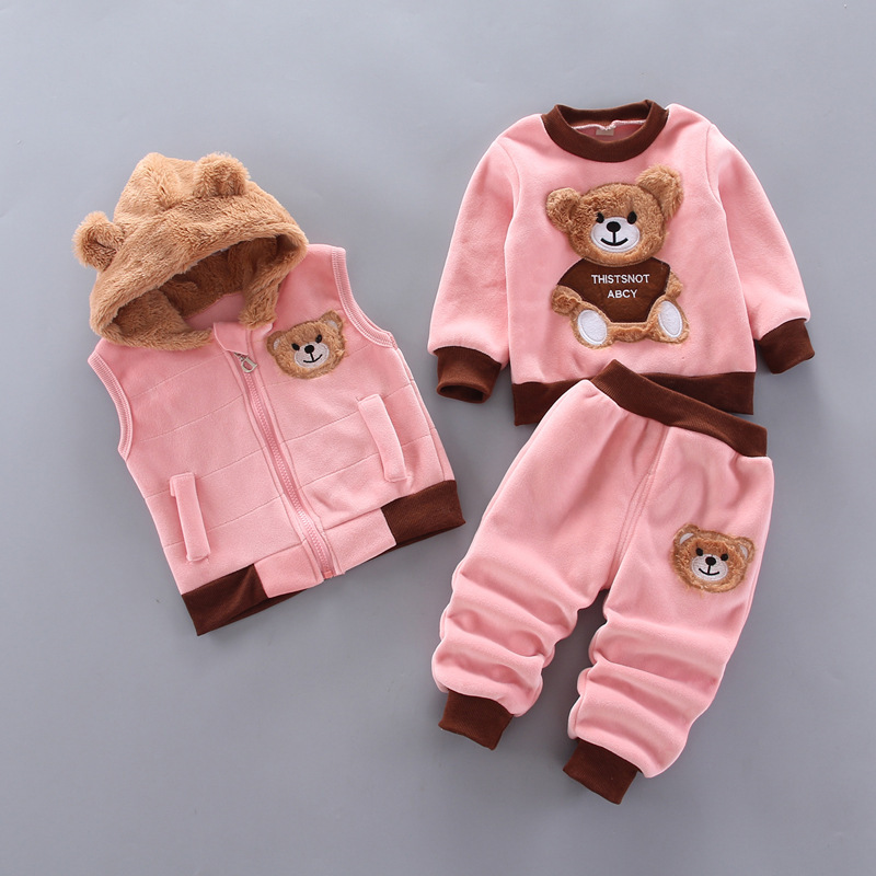 2023 ropa para niños ropa de otoño e invierno suéter de manga larga con forro polar para niños chaleco con capucha cálido para Niñas Ropa acolchada de algodón conjunto de tres piezas al por mayor