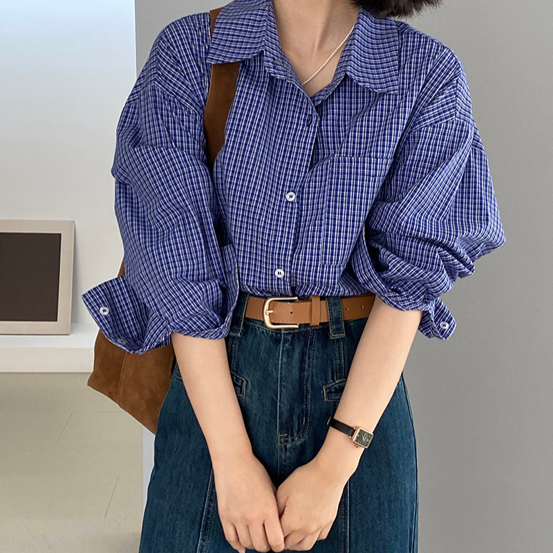 Jiang Zuo miu Mui Shirt ~ Early Autumn Retro Blue Plaid Shirt Women's Loose Lazy Long Sleeve Shirt 1203