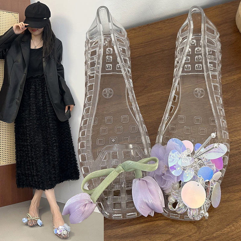 젤리 신발 DIY 꽃 액세서리 크리스탈 공주 투명 샌들 한국 인기 여름 샌들 나막신 장화