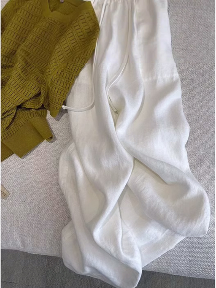 Quần culottes nữ ống rộng cạp cao vải lanh cotton mỏng mùa hè — Màu trắng