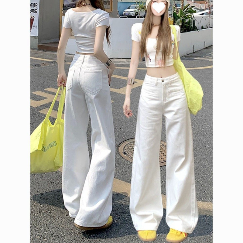 小个子时尚穿搭白色直筒牛仔裤女2025夏季新款高腰显瘦垂感拖地裤|undefined