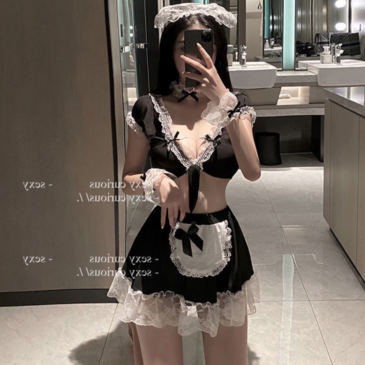 Maid Roleplay Lingerie Set with Suspender Skirt and Shorts, Polyester Uniform — detail image 2