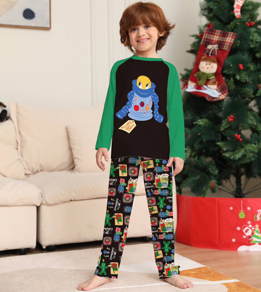 Home Occasion Round Neck Neckline Family Look Cartoon Pant Co-ord Set T-shirt Two-Piece Sets