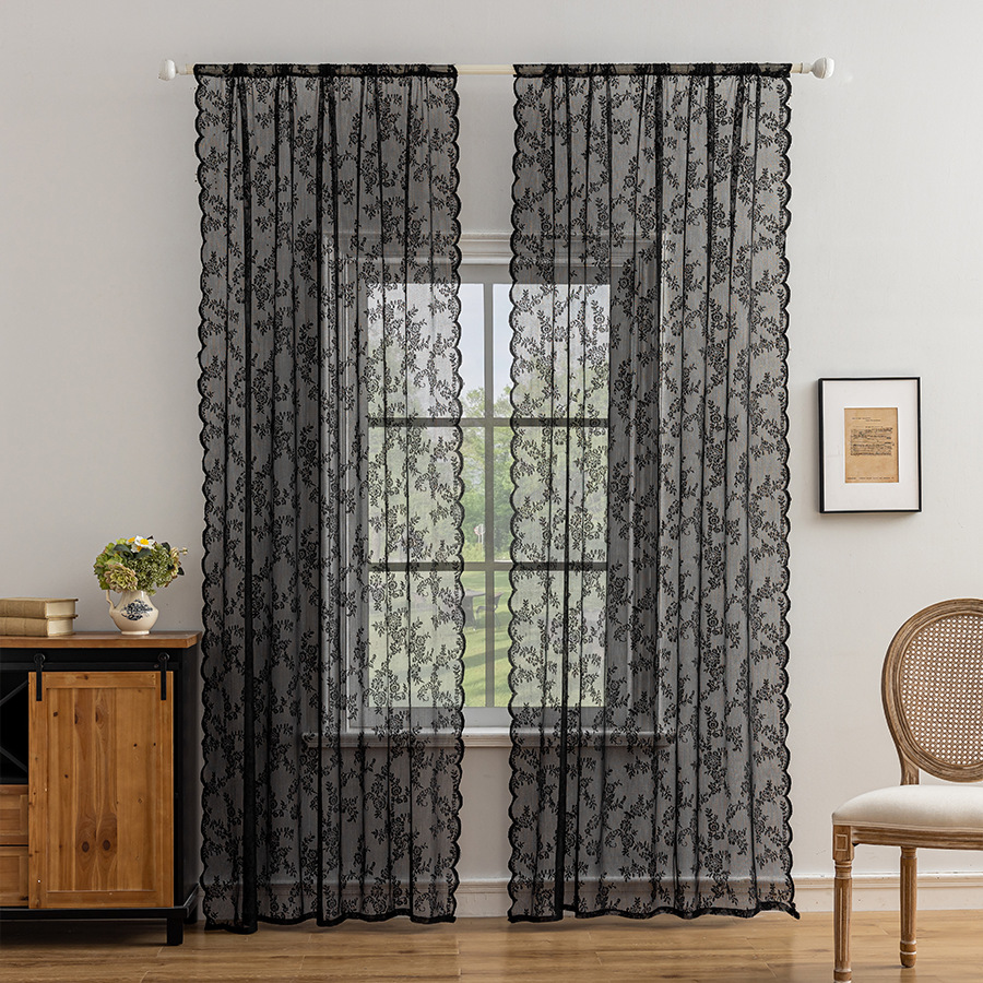 1pc Black Floral Lace Pastoral Gauze Curtain Living Room Bedroom Balcony Black German Curtain Light Transmission Curtain
