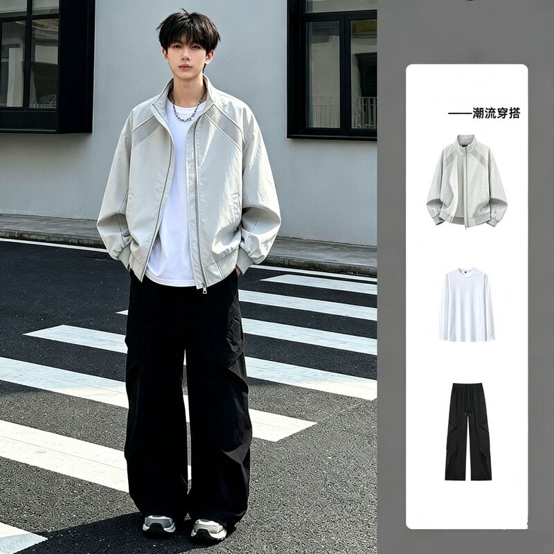 Trendy Stand-Collar Jacket for Men, Spring and Autumn American Style Fashion Brand Design Flight Jacket, Cool and Stylish Men's Outfit
