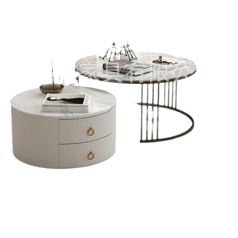 Mesa de centro de pizarra de roca Sala de estar Hogar de alta gama Vidrio templado redondo Juego de almacenamiento de mesa de centro de lujo ligero Apartamento pequeño simple