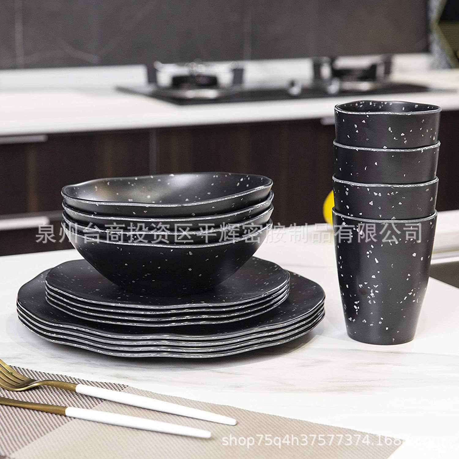 工厂新款 密胺餐具黑色喷点16件套装 美耐皿仿瓷餐具碗盘杯可定制-阿里巴巴