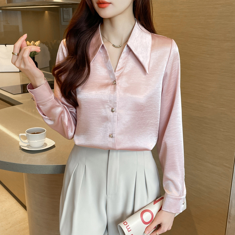 Wholesale counter high-end spring and autumn mulberry silk women's solid color top short sleeve shirt fashion temperament versatile shirt