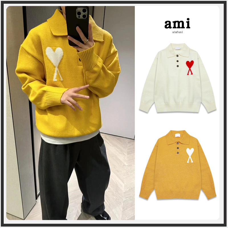 Breaking News! Ami Knit Sweater with Cross-Border Large Heart Jacquard Craftsmanship, Loose and Elegant 25Ss New Style Turn-Down Collar Sweater for Women
