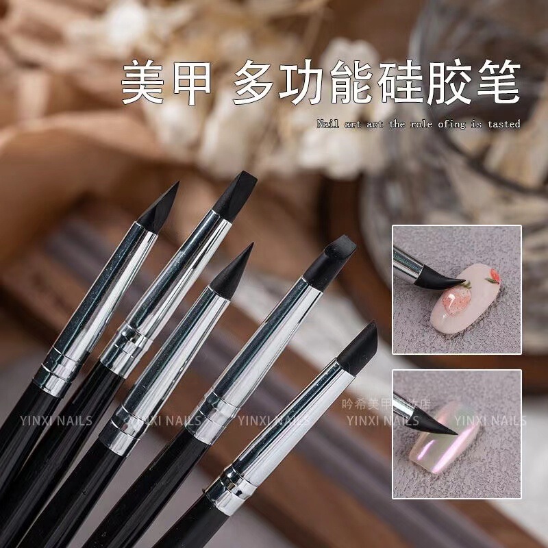 Manicure Multifunctional Silicone Pen Japanese Brush Carving Pen Painted Gradient Pressing Stick Manicure Pen suit for Beginners