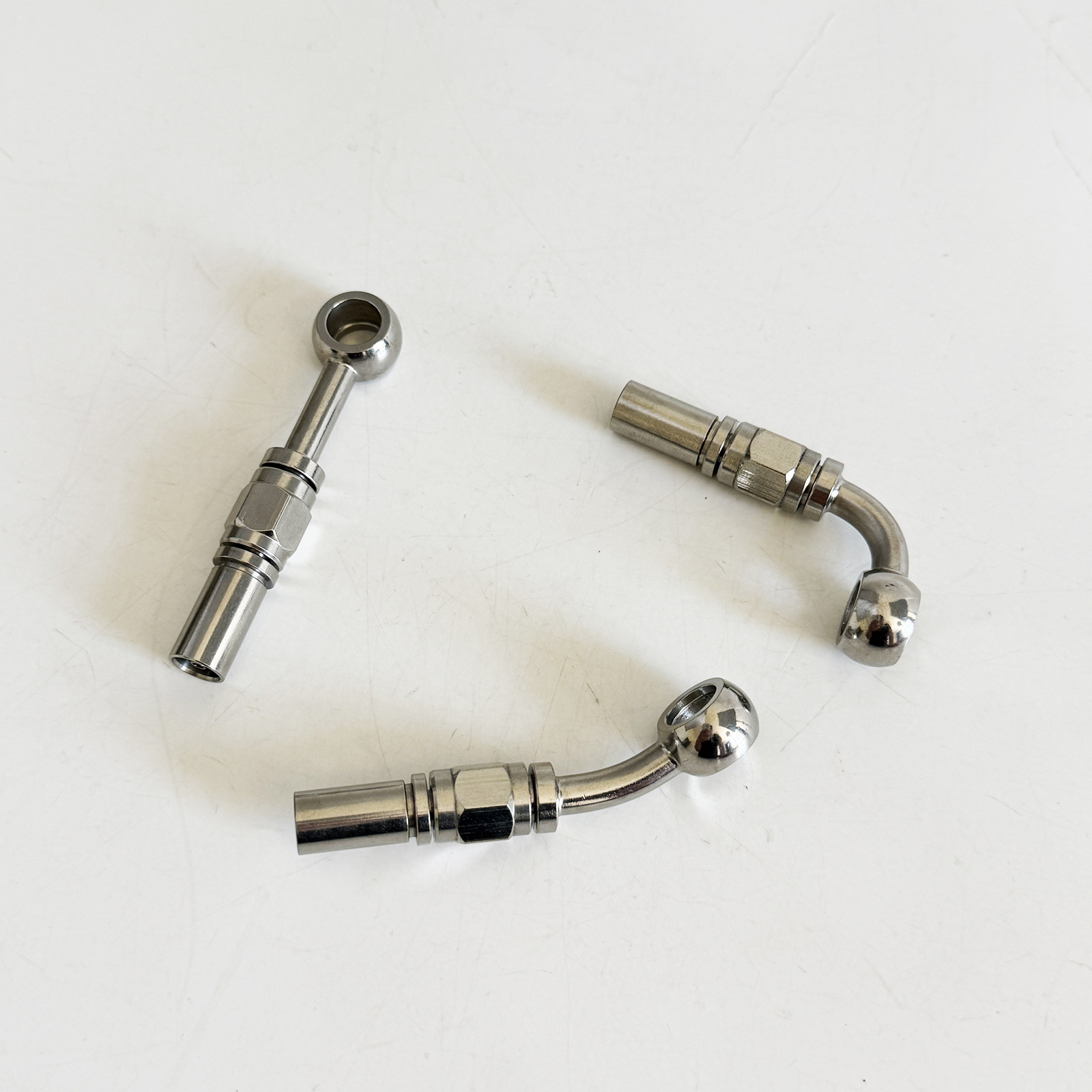 M10 stainless steel fish-eye 4-piece set of connectors 0/28/90 degree brake hose coupler with threaded integrated crimping connector
