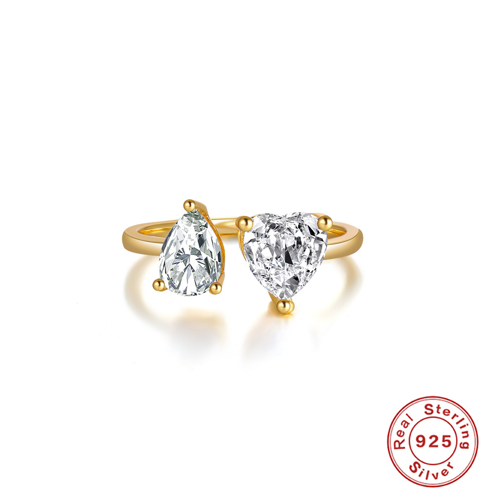 S925 gota de agua de plata esterlina combinación de doble corazón anillo abierto de circón ajustable venta caliente en Europa y América anillo ajustable exagerado