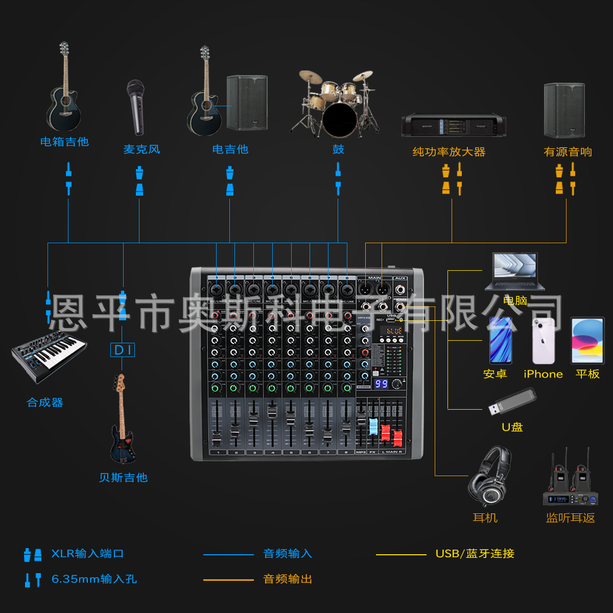2024 새로운 Q16 사용자 정의 믹서 16 USB 블루투스 1 AUX 출력 99 효과 무대 결혼식